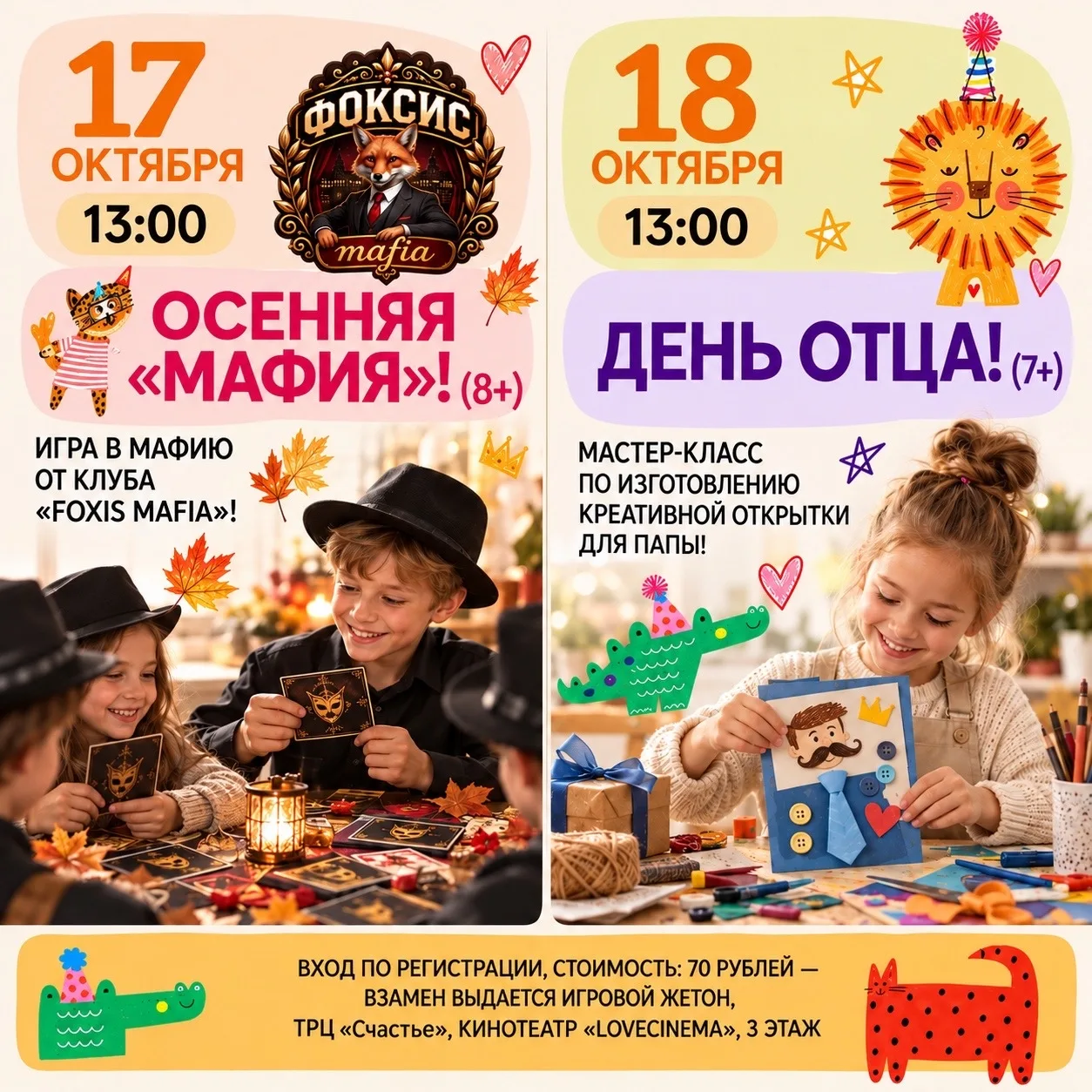 🎲 Детские мероприятия - Мафия и Открытка для папы 17 и 18 октября в ТРЦ «Счастье»