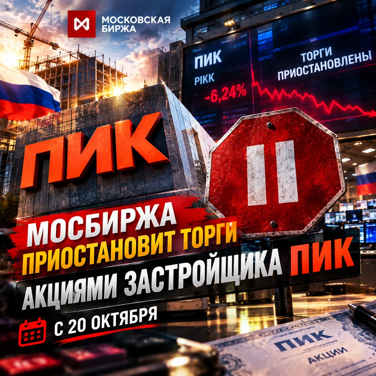 ⚡🇷🇺Мосбиржа приостановит торги акциями застройщика ПИК