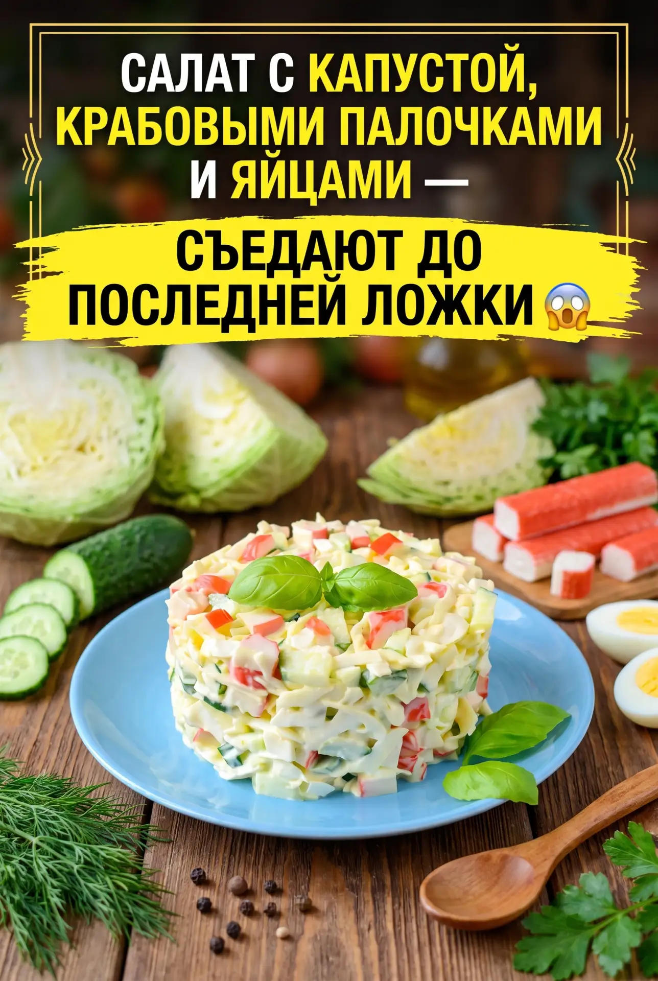 САЛАТ С КАПУСТОЙ, КРАБОВЫМИ ПАЛОЧКАМИ И ЯЙЦАМИ — СЪЕДАЮТ ДО ПОСЛЕДНЕЙ ЛОЖКИ 😲
