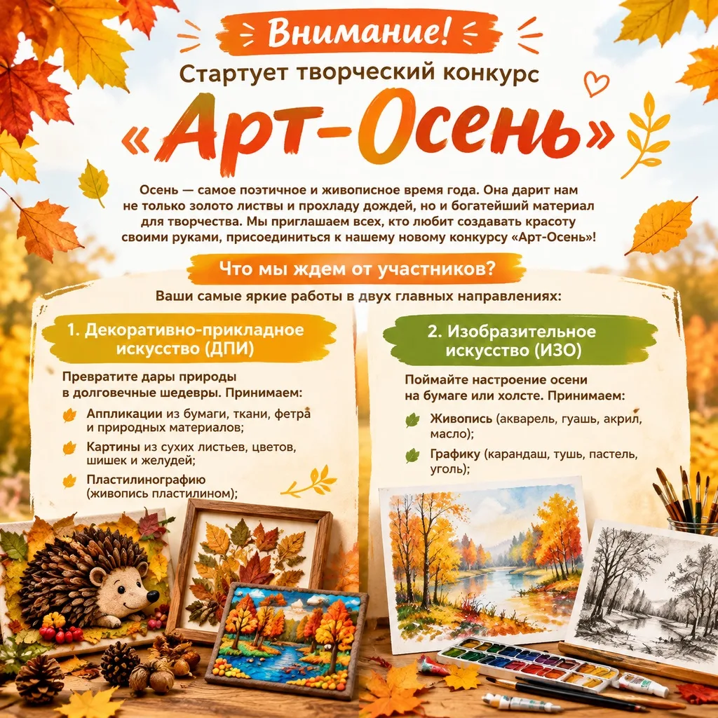 Стартует творческий конкурс «Арт-Осень»!🍂🍁 Дома творчества Советского района