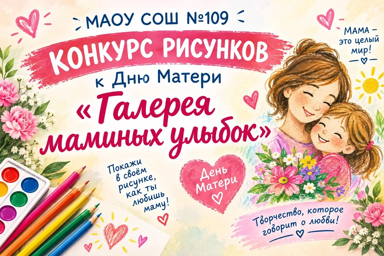 В МАОУ СОШ № 109 стартует конкурс рисунков ко Дню матери — «Галерея маминых улыбок»! 😍