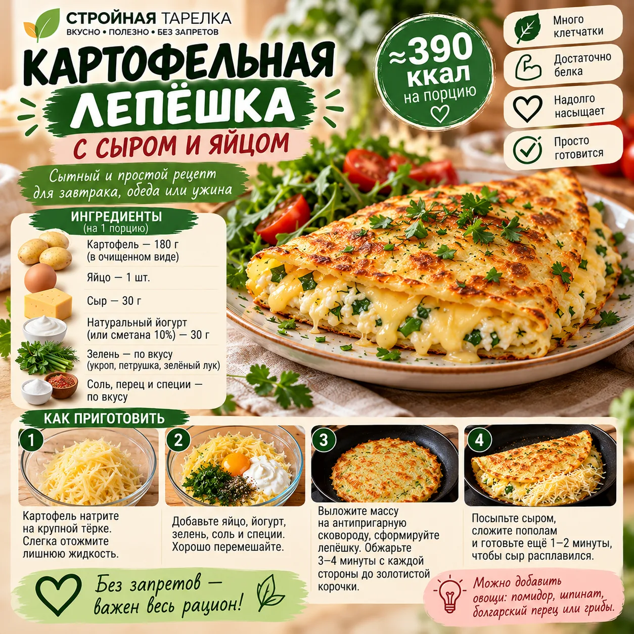 🥔 КАРТОФЕЛЬНАЯ ЛЕПЁШКА С СЫРОМ И ЯЙЦОМ — ОКОЛО 390 ККАЛ