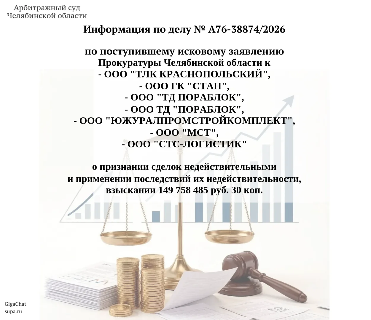 ⚖️   Информация по делу № А76-38874/2026