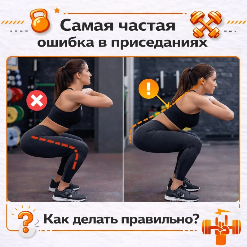 Самая частая ошибка в приседаниях ⤵️