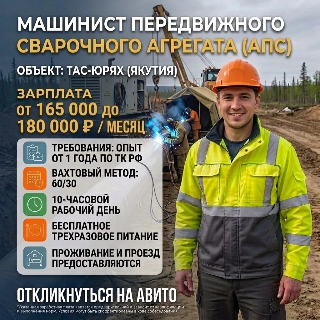 Требуется  Машинист электросварочного передвижного агрегата (АПС)