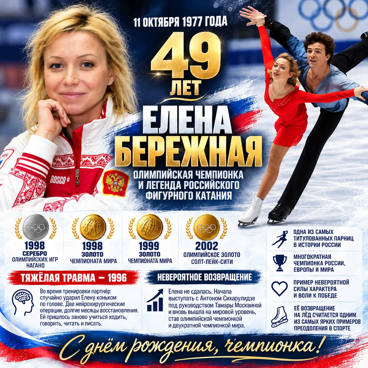 ⛸🇷🇺 49 лет Елене Бережной — олимпийской чемпионке, которая совершила одно из самых не...