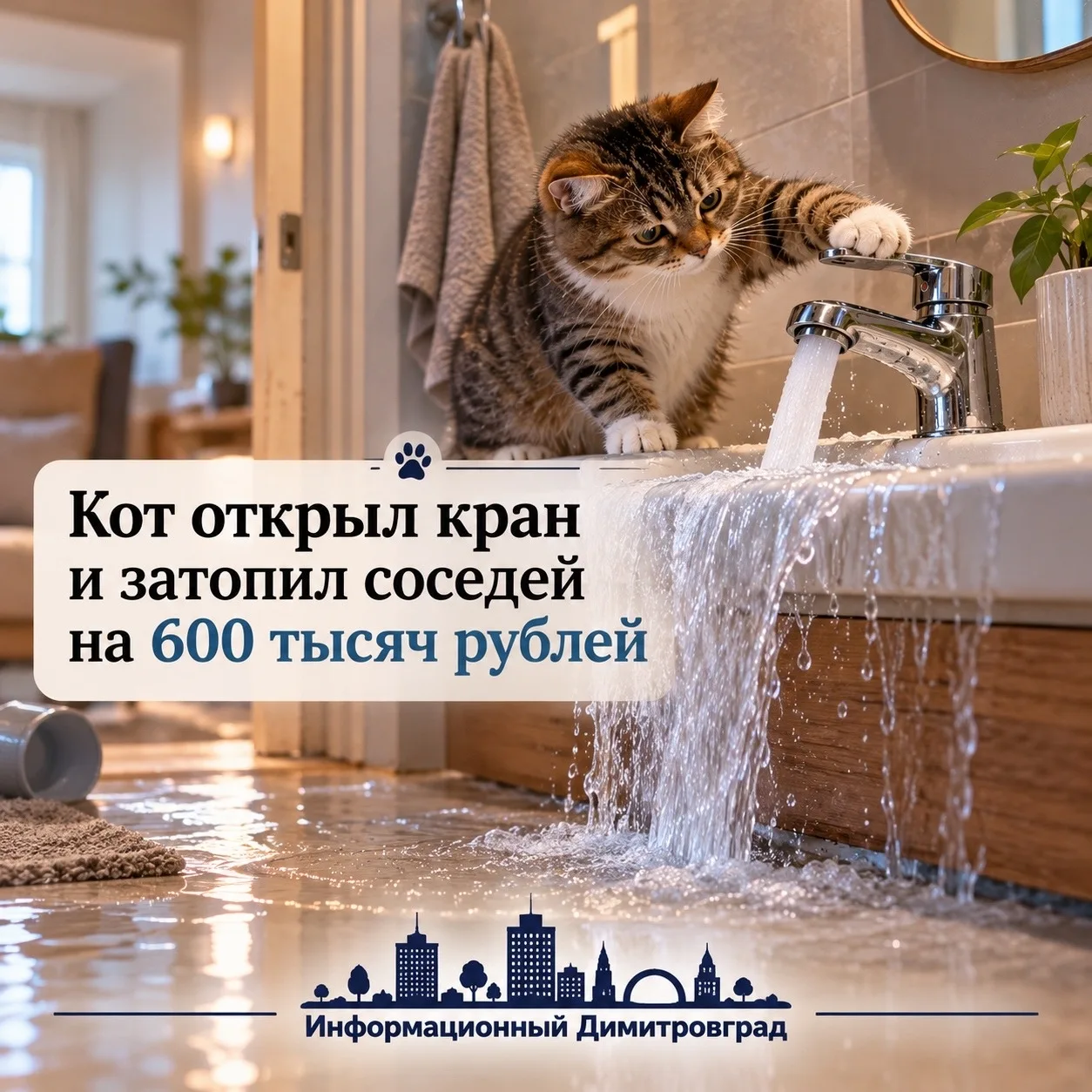 Кот открыл кран и затопил соседей на 600 тысяч рублей