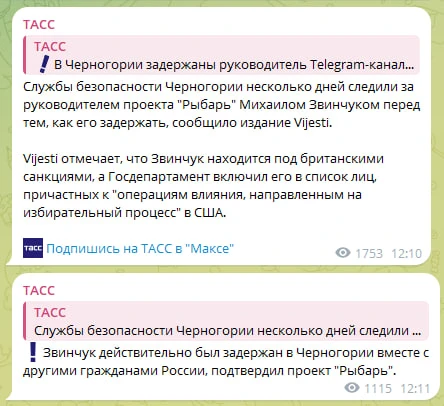 По информации от спецслужб Черногории, подтвержденным проектом "Рыбарь", Михаил Звинчук...