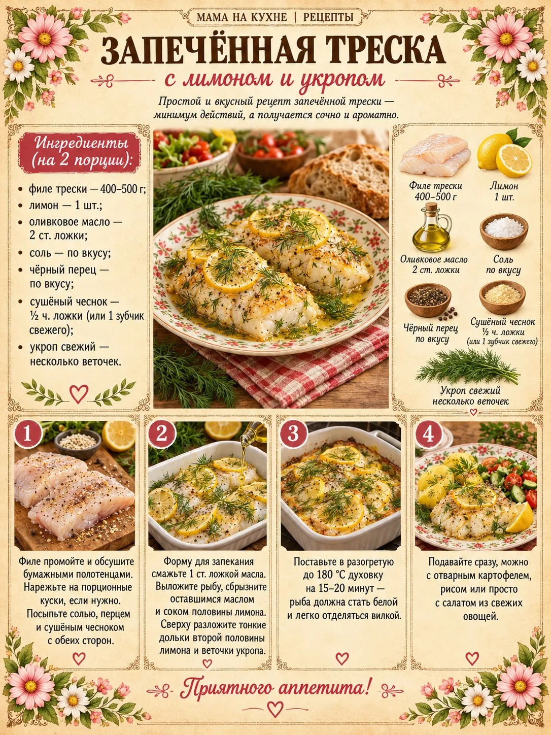 🌸 Запечённая треска с лимоном и укропом 🌸