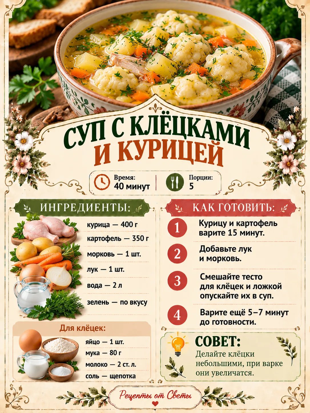 🥣 Куриный суп с нежными клёцками: тот самый обед, после которого дома особенно уютно!