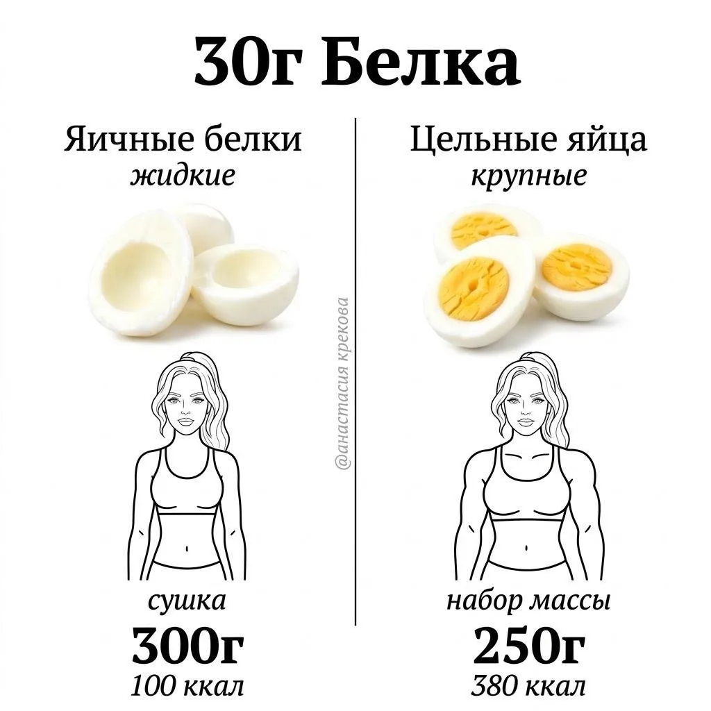 🥩 30 граммов белка: что выбрать для сушки, а что — для набора массы? Сравниваем продукты!