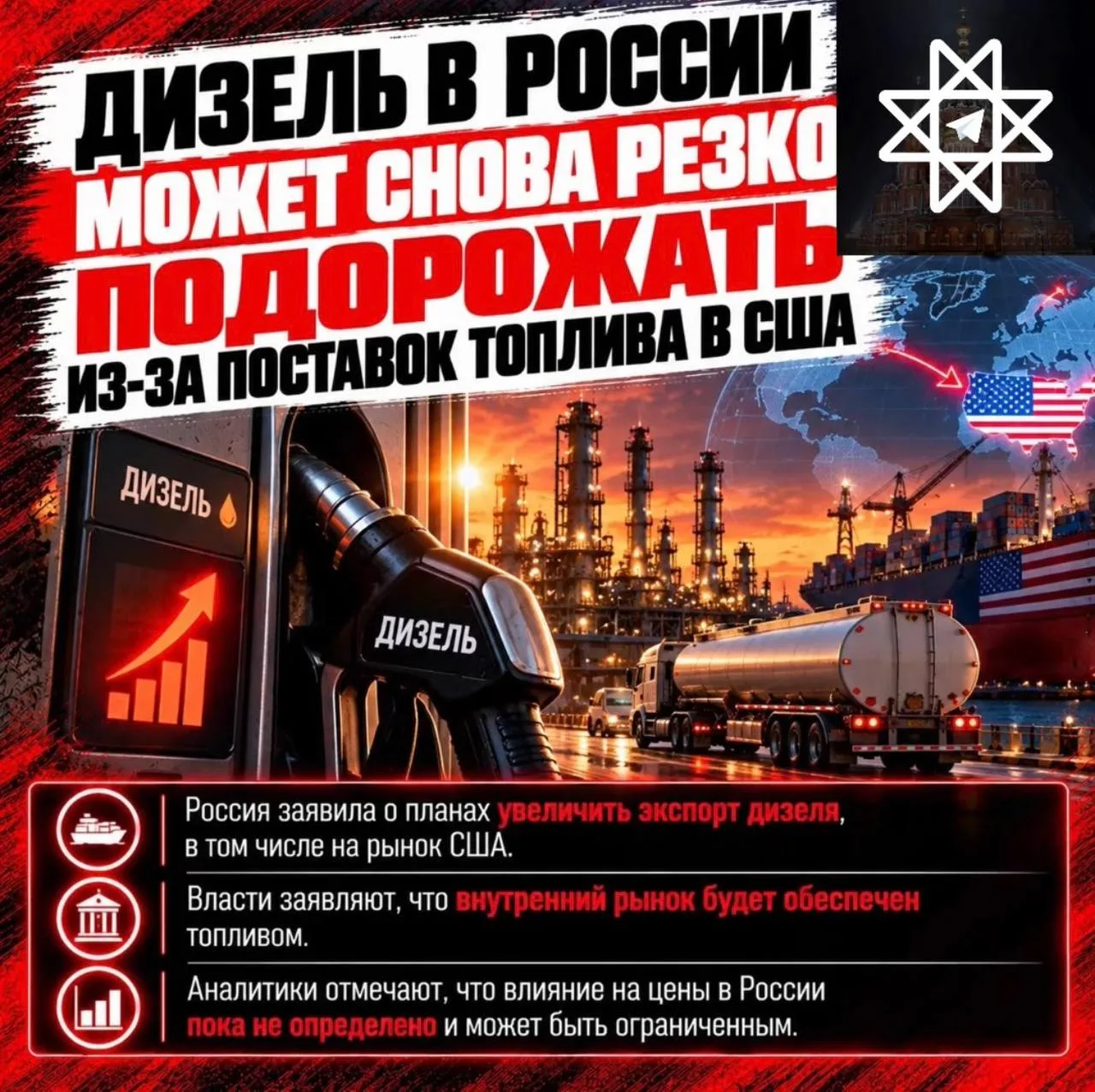⛽ Дизель в России может снова резко подорожать изза поставок топлива в США