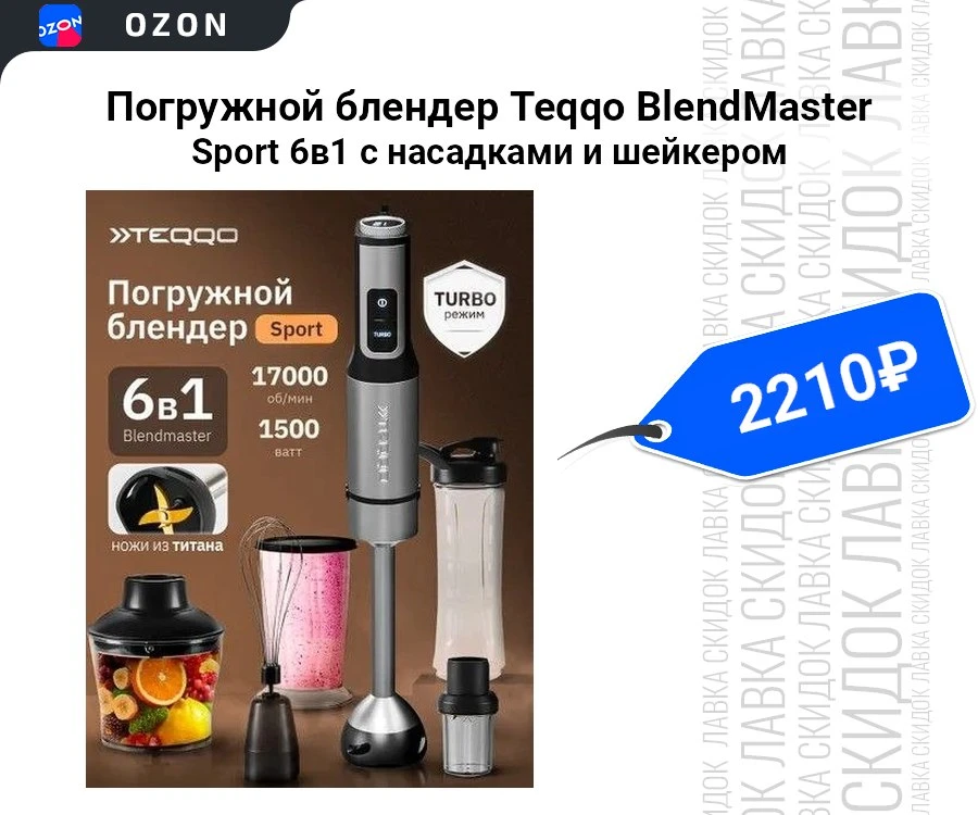 Погружной блендер Teqqo BlendMaster Sport 6в1 с насадками и шейкером