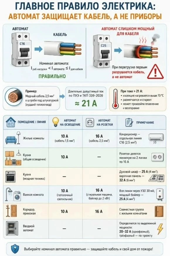 Если увидите, что Вам ваш электрик ставит завышенный автомат - гоните его!