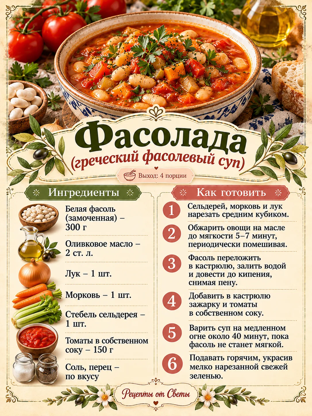 🥣 Густая, ароматная фасолада по-гречески, с которой даже без мяса обед получается сытн...