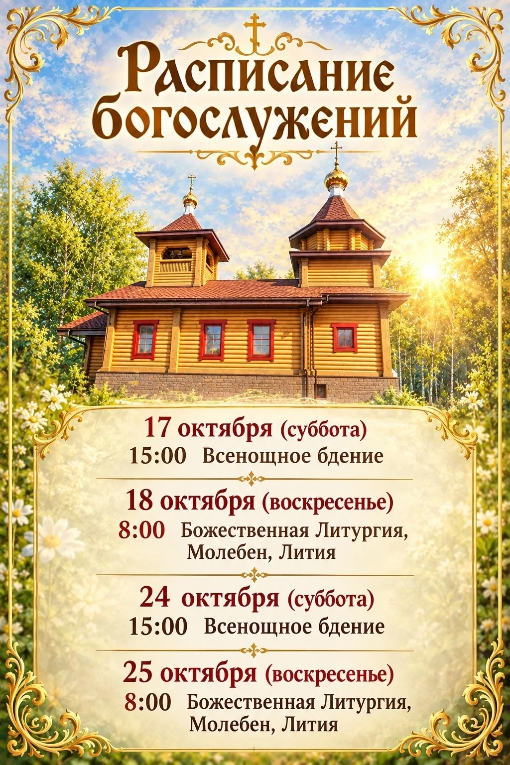 Расписание богослужений в Храме пророка Божьего Илии дер.Бабасово