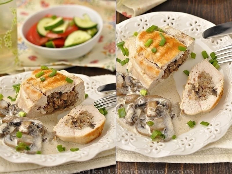 Куриные грудки, фаршированные гречневой кашей с шампиньонами.