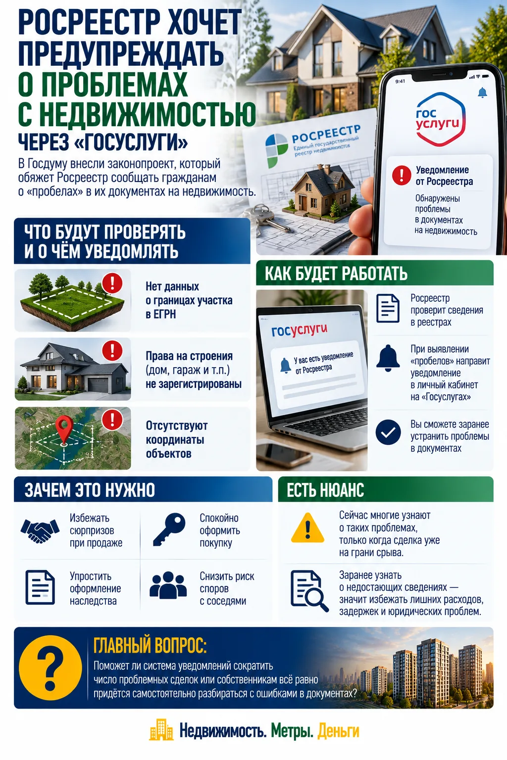 РОСРЕЕСТР БУДЕТ ПРЕДУПРЕЖДАТЬ О ПРОБЛЕМАХ С НЕДВИЖИМОСТЬЮ ЧЕРЕЗ «ГОСУСЛУГИ»