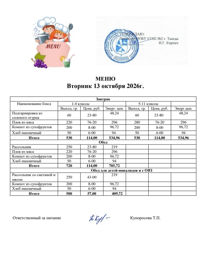 Школьное меню на 13 октября 🍽🍂🍁