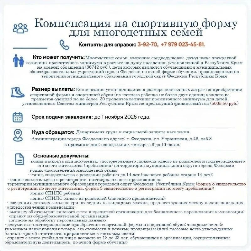 🎯 Компенсация на спортивную форму для детей из многодетных семей в Феодосии!