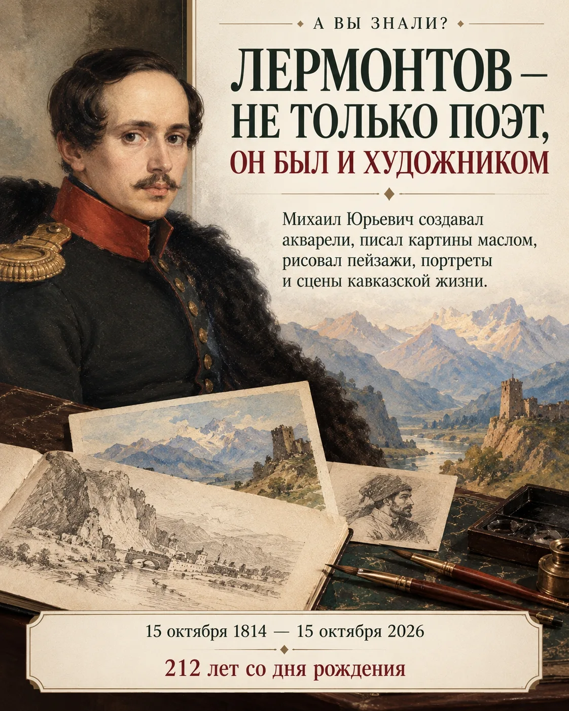 🎨 А ВЫ ЗНАЛИ? МИХАИЛ ЛЕРМОНТОВ БЫЛ НЕ ТОЛЬКО ПОЭТОМ, НО И ХУДОЖНИКОМ