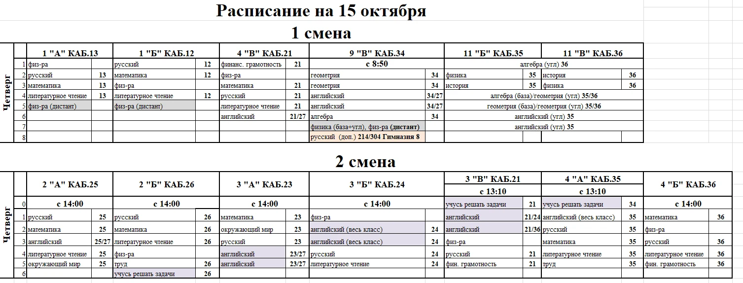 Расписание на четверг (15 октября)