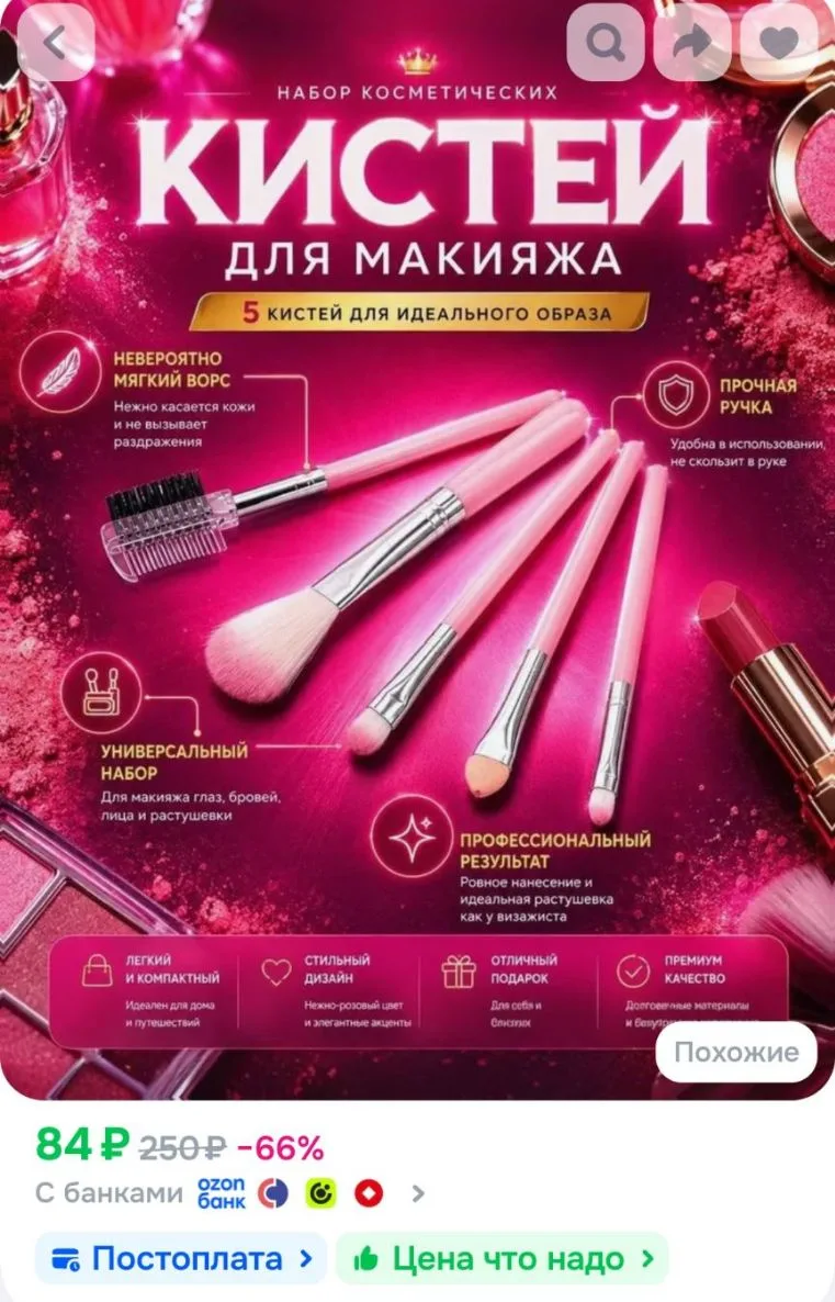 Кисти для макияжа. Набор кистей для макияжа профессиональный розовый 5 штук, для тональ...