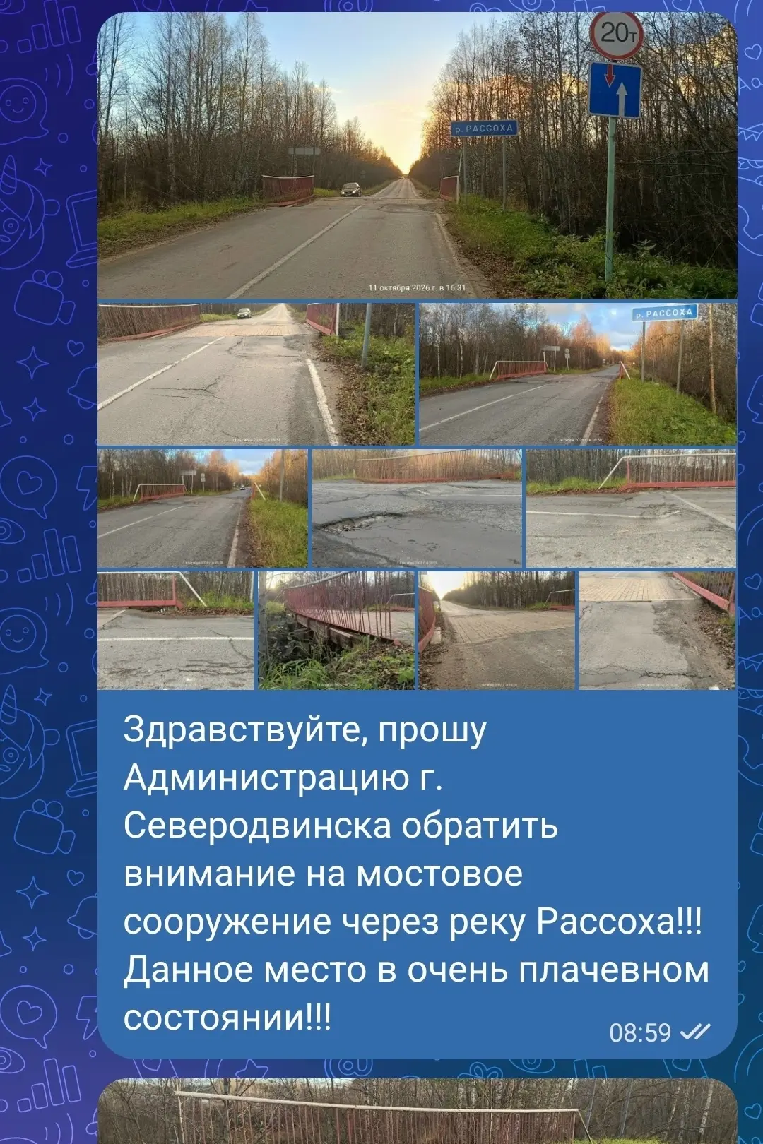 Уважаемые садоводы, вопрос о наболевшем! Всеми известный мост через Рассоху. Писал в Ад...