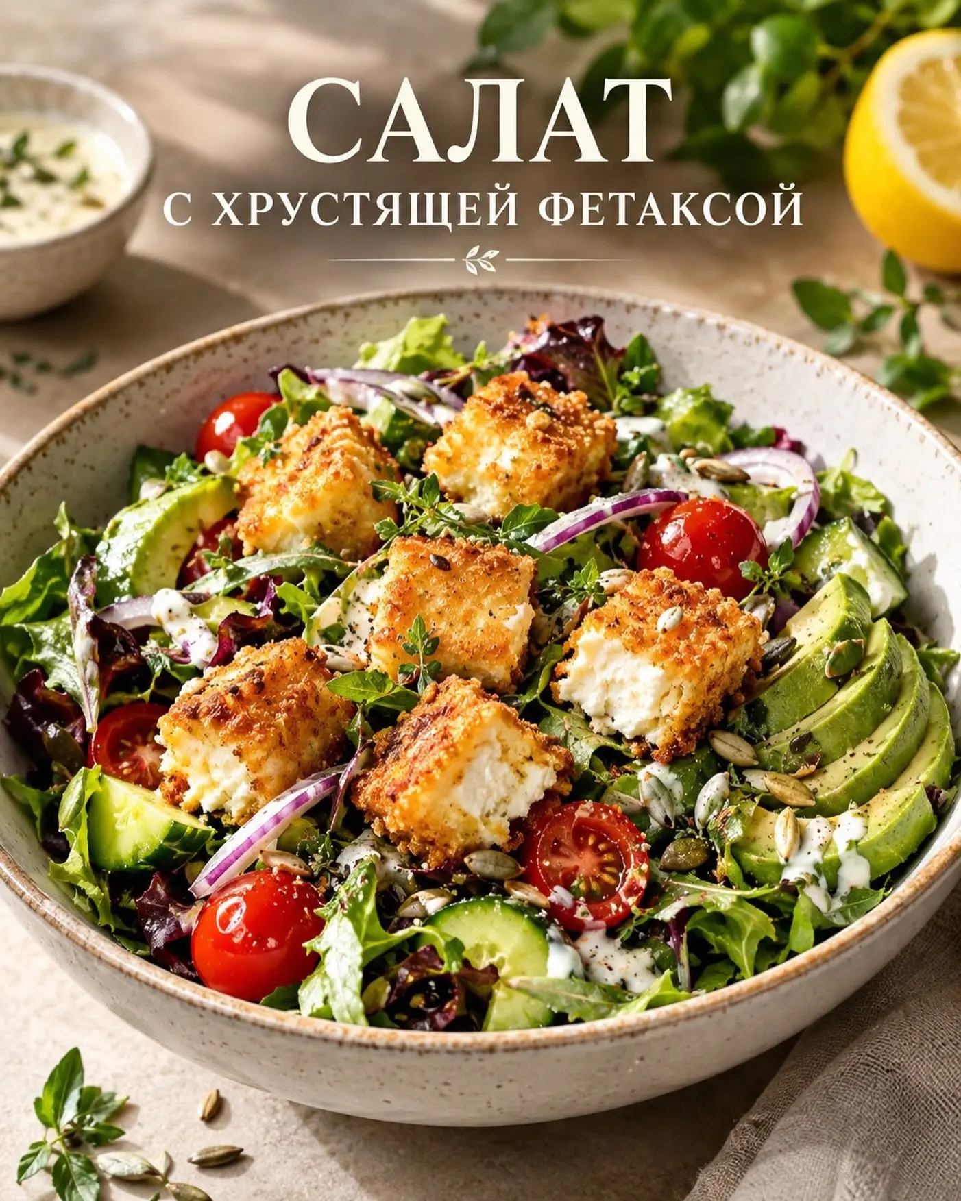 Салат с хрустящей фетаксой — свежий, яркий и очень эффектный. Хрустящая корочка снаружи...