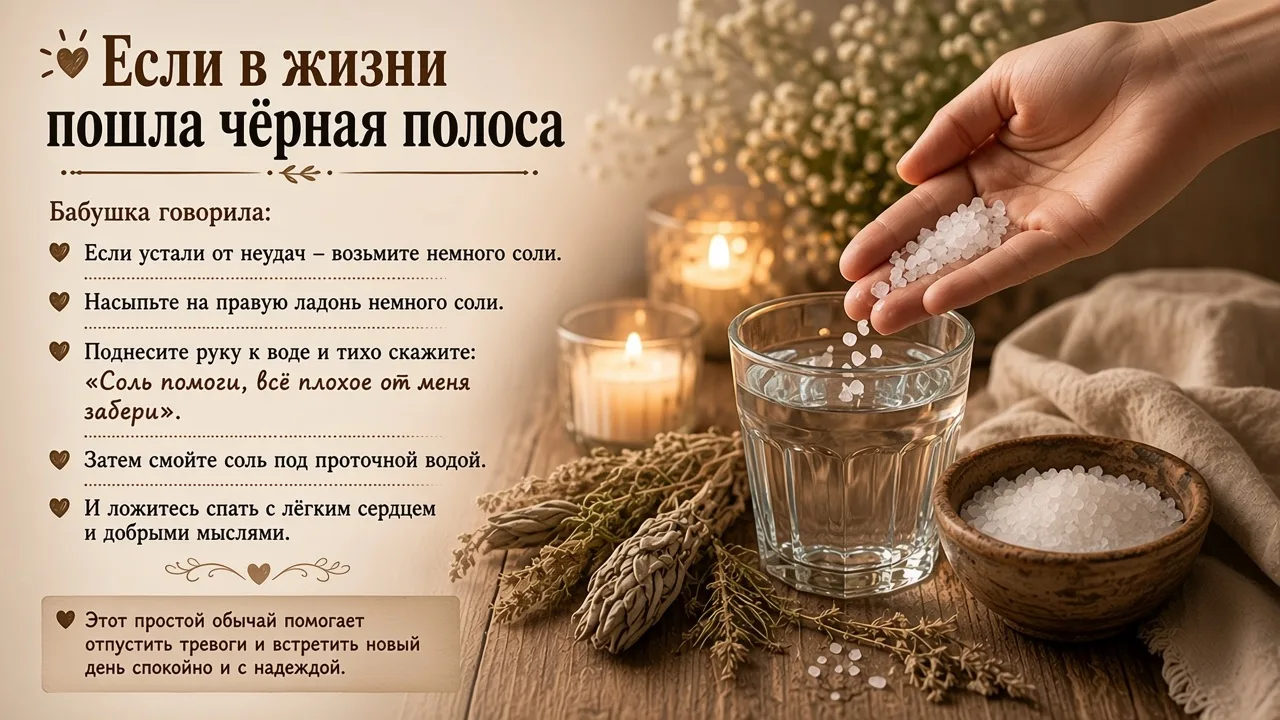 «Соль помоги, всё плохое от меня забери»: простой бабушкин обряд от черной полосы