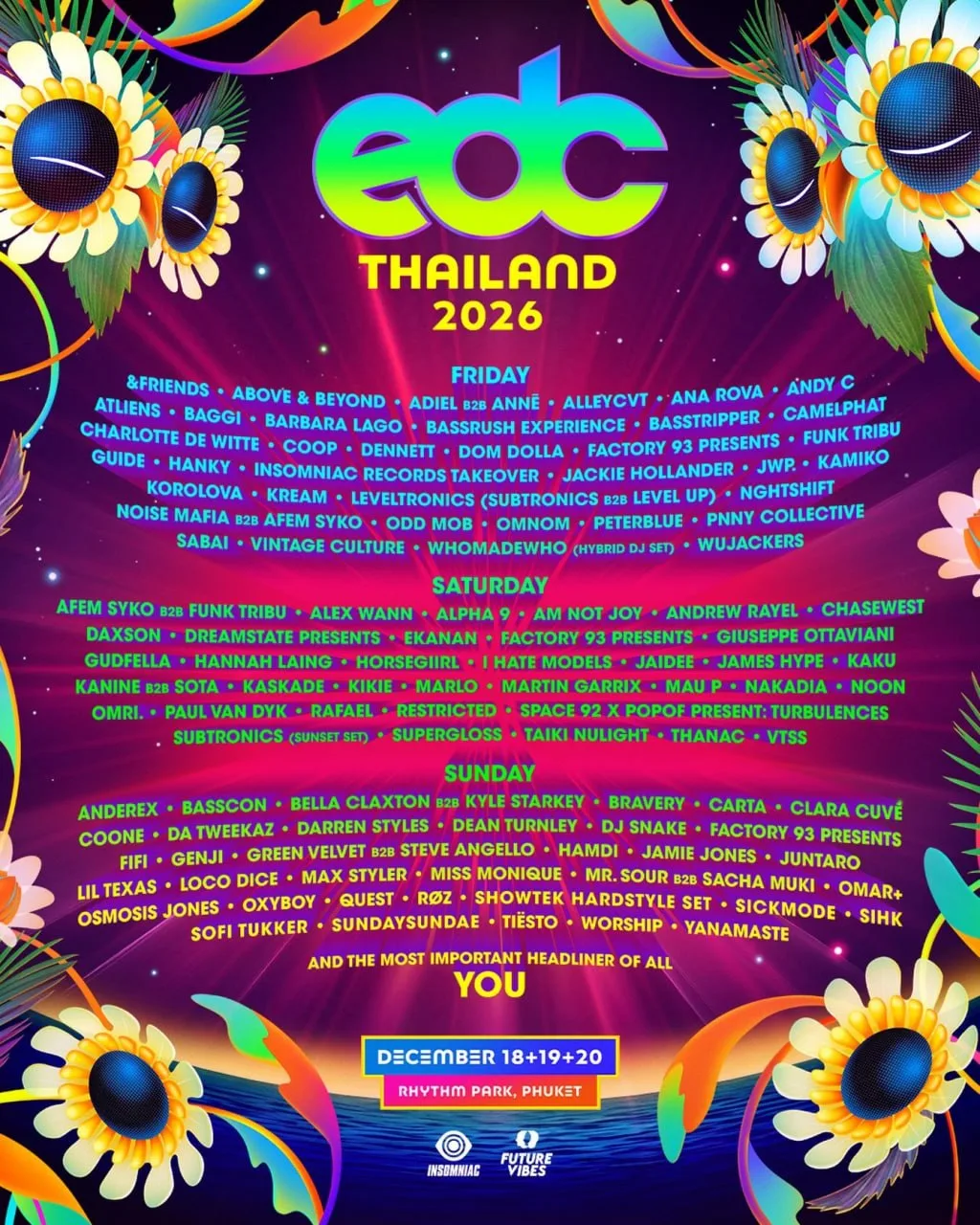 Так выглядит лайнап фестиваля EDC в Таиланде в 2026 году 🎵