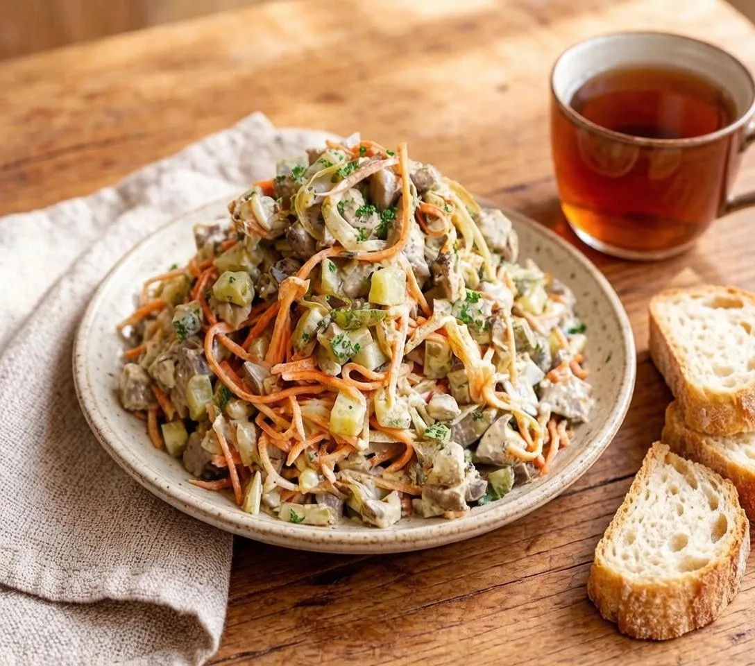 Салат печеночный с солёными огурцами
