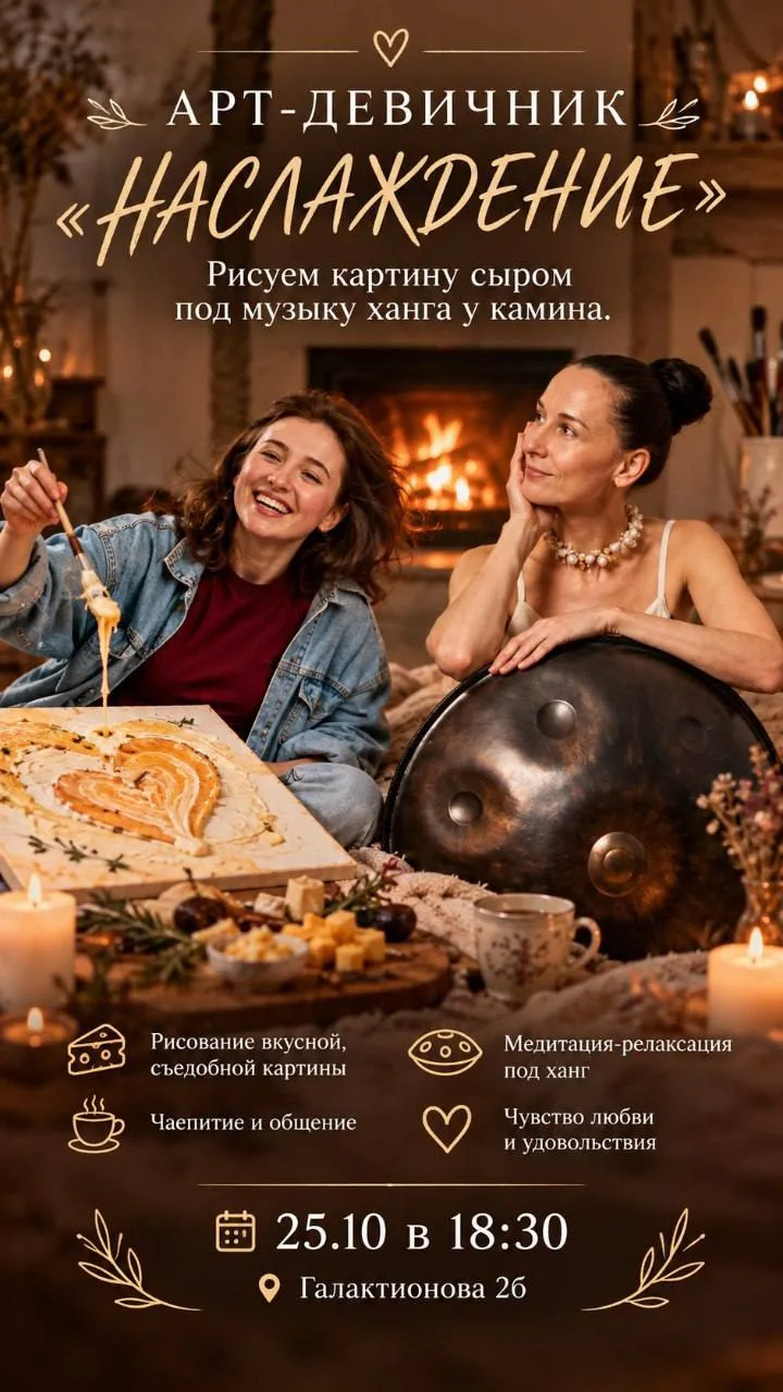 ✨ Арт-девичник: Рисуем картину сыром под звуки Ханга у камина 🧀🎶