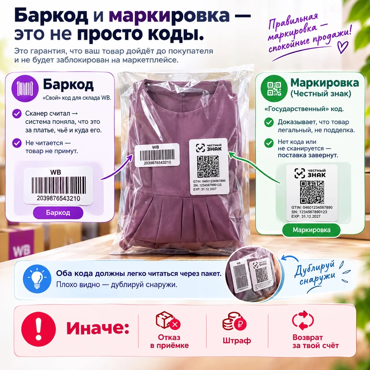 📦 Баркод — «свой» код для склада WB. Сканер считал → система поняла, что это за платье...