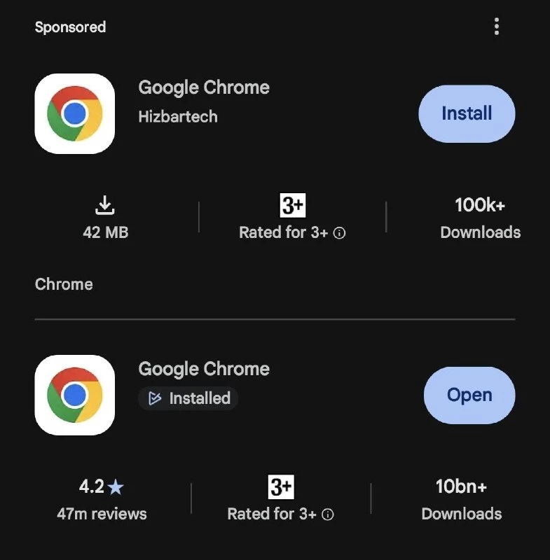 В Google Play нашли фейковый Chrome. Как ни странно, это не вирус!
