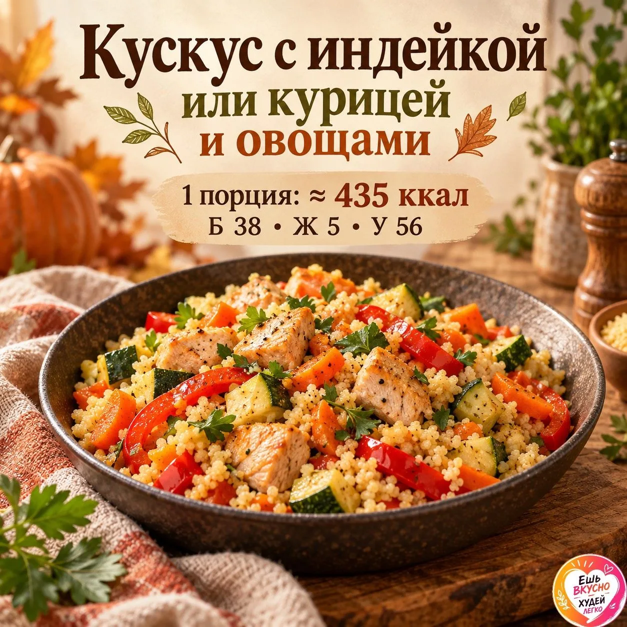 🍲 Кускус с индейкой или курицей и овощами — всё на одной сковороде
