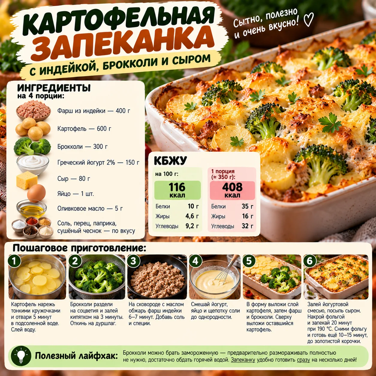 🥔 КАРТОФЕЛЬНАЯ ЗАПЕКАНКА С ИНДЕЙКОЙ, БРОККОЛИ И СЫРОМ