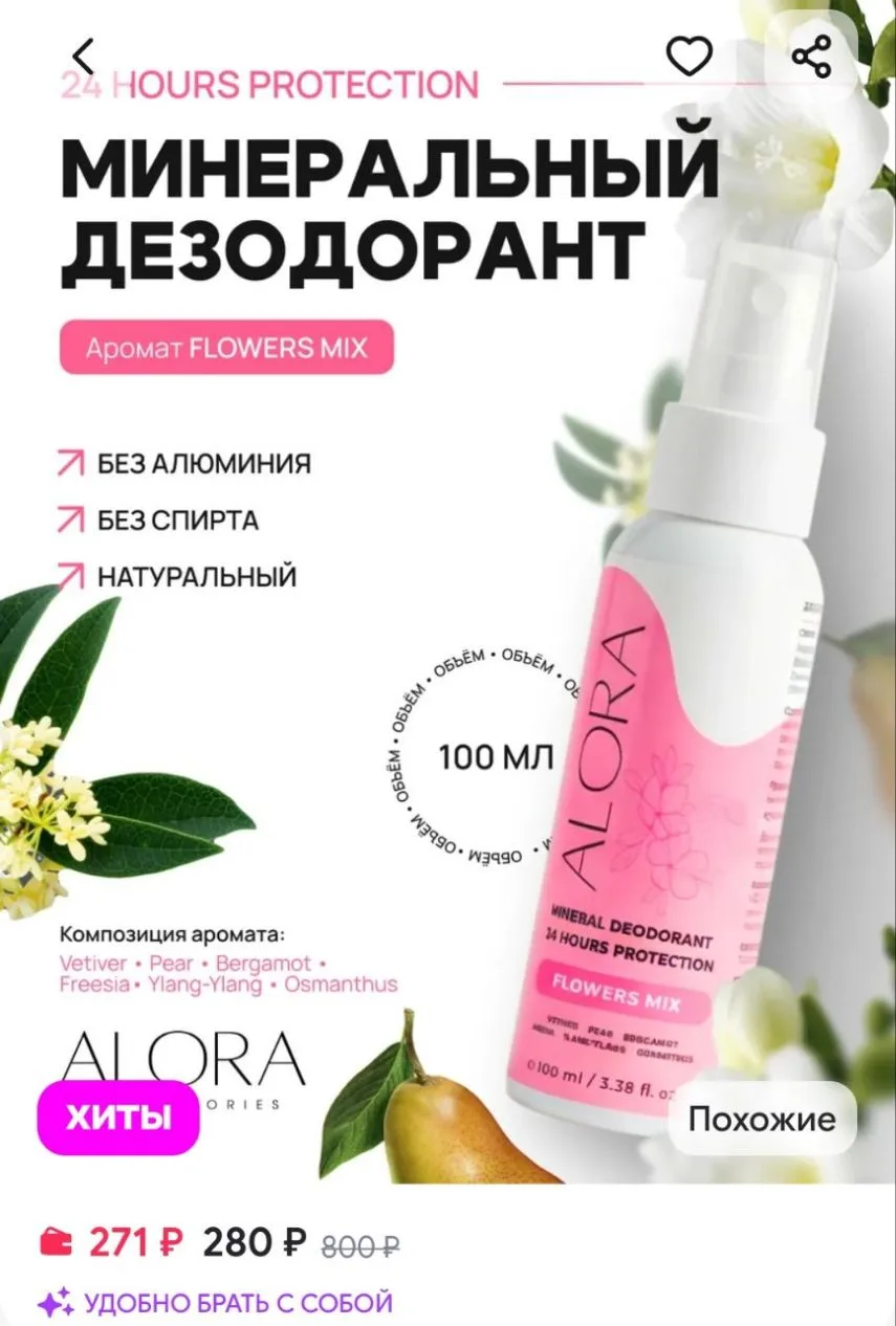 Минеральный дезодорант женский спрей с ароматом цветов (mix) ALORA