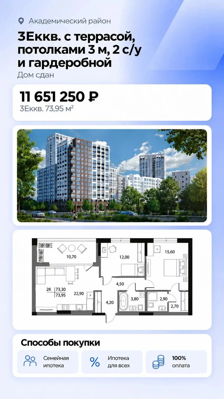 🌟🌟🌟Уникальная квартира с террасой 10.7 м² в готовом доме