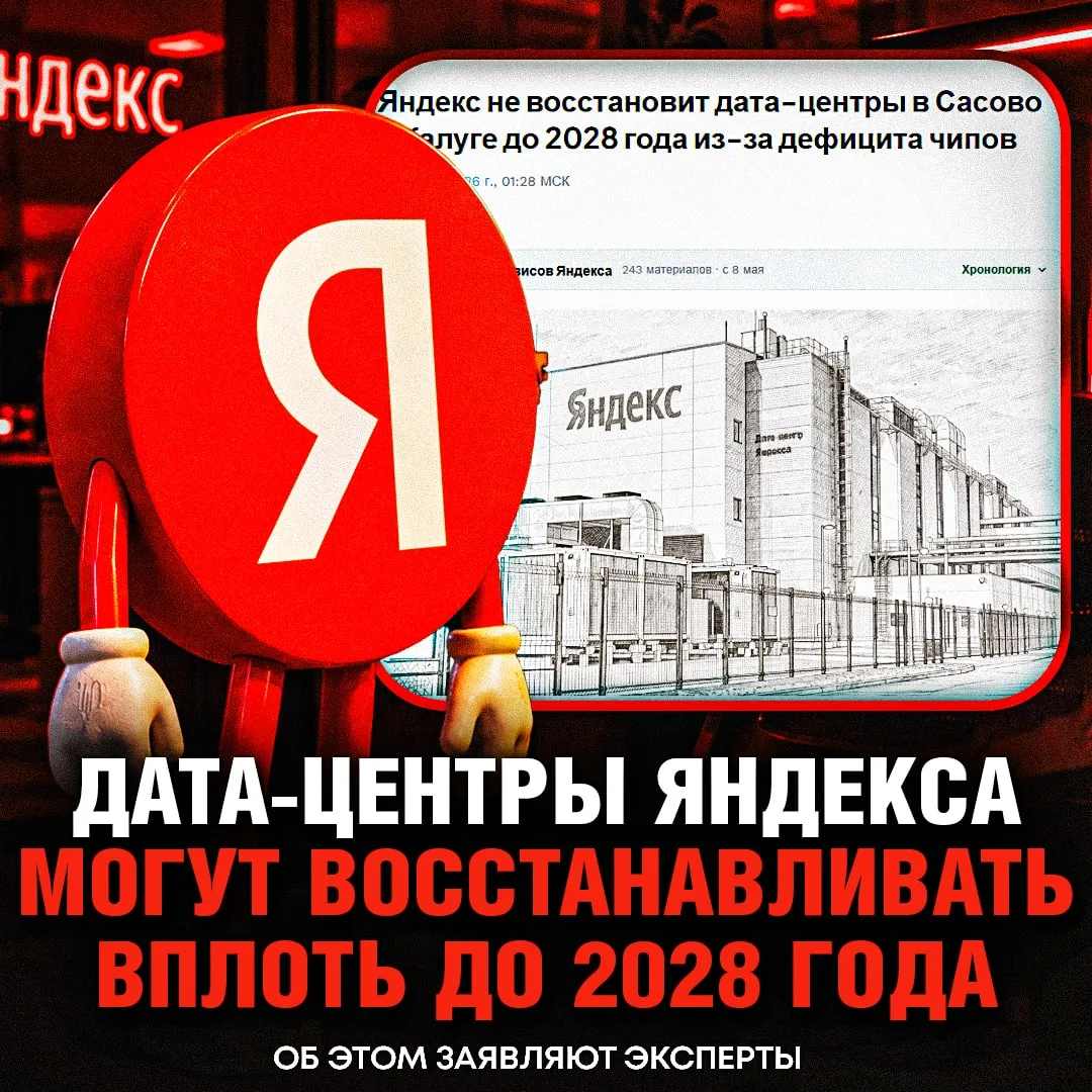 ❗️ Яндекс не сможет восстановить свои дата-центры МИНИМУМ ДО 2028 ГОДА — СМИ
