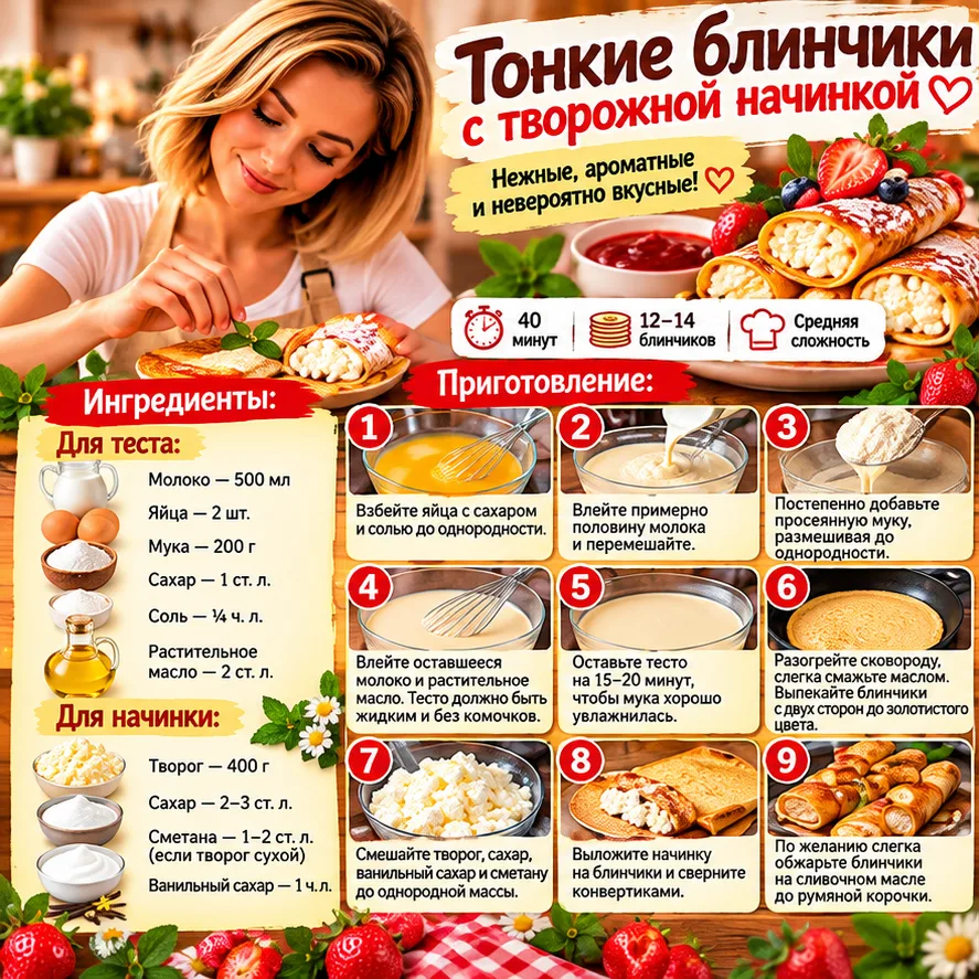 🥞❤️ ТОНКИЕ БЛИНЧИКИ С ТВОРОЖНОЙ НАЧИНКОЙ