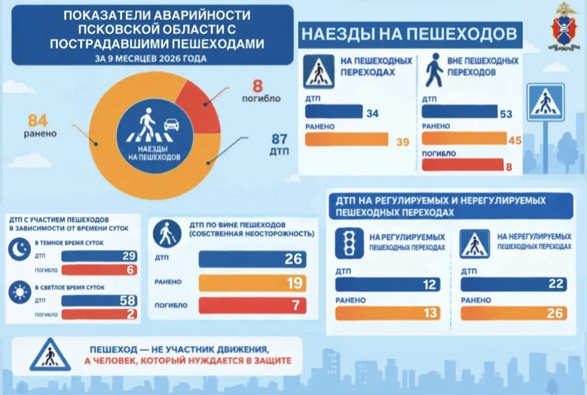 За 9 месяцев в ДТП с пешеходами в Псковской области погибли 8 человек. Всего зарегистри...