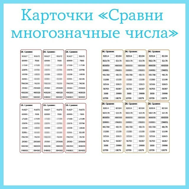 Карточки по математике «Сравни многозначные числа»
