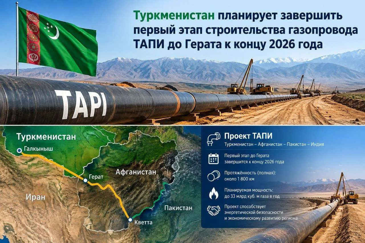 Туркменистан планирует завершить первый этап строительства газопровода ТАПИ до Герата к...