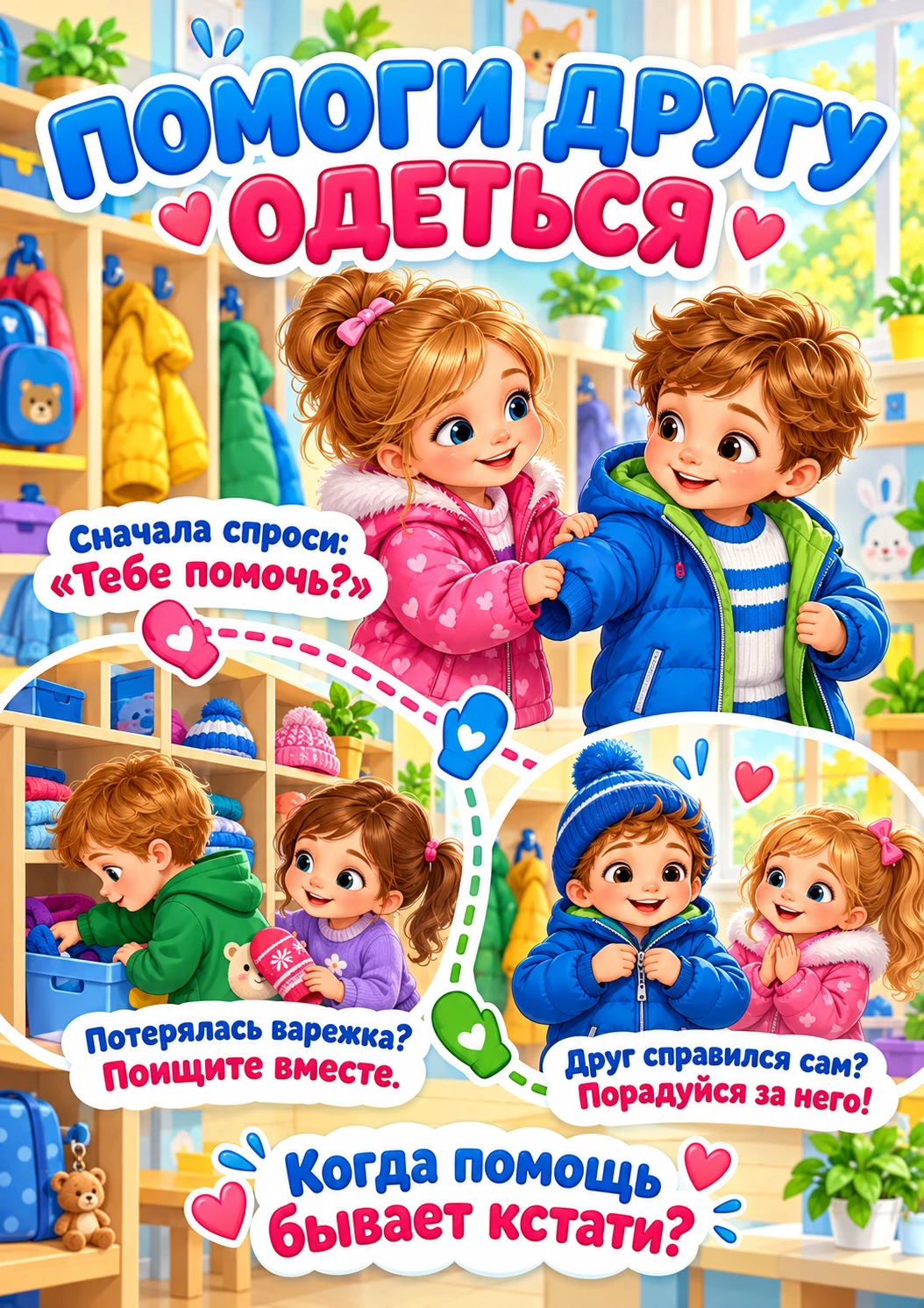 Помочь, но не сделать всё за малыша. Утешить, но спросить, хочет ли друг обняться. Это ...