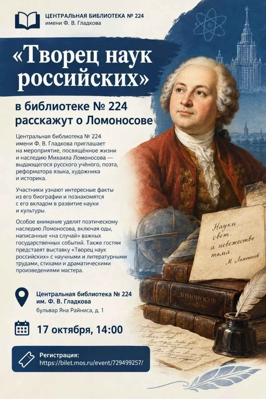 «Творец наук российских»: в библиотеке № 224 расскажут о Ломоносове