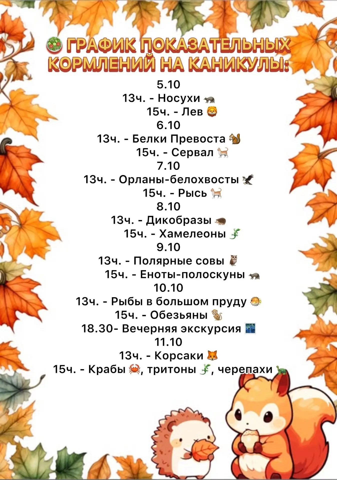 Публикуем график показательных кормлений на каникулярную неделю 🍖🍐🍎🥕🥜