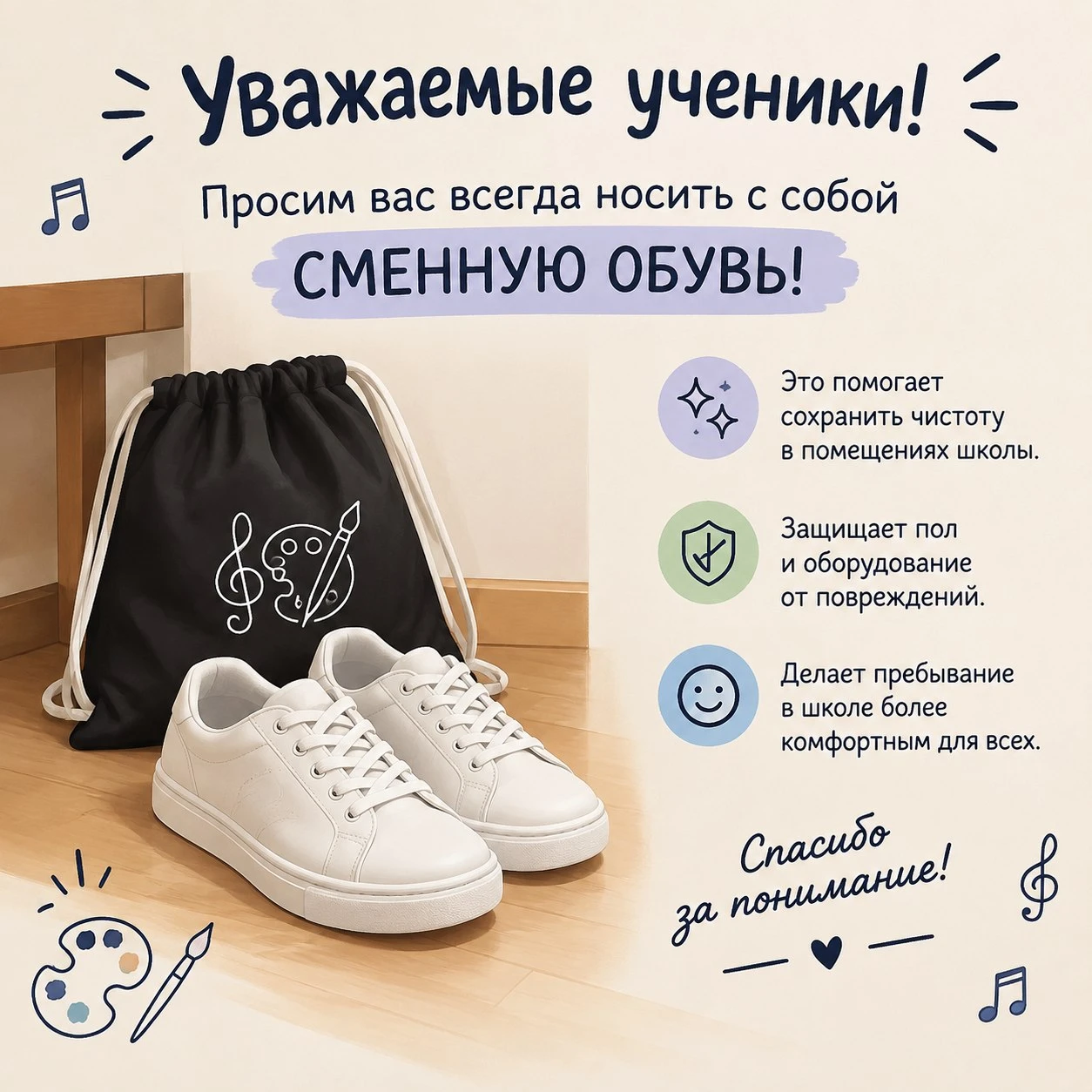 👟 Пожалуйста, не забывайте приносить с собой сменную обувь!