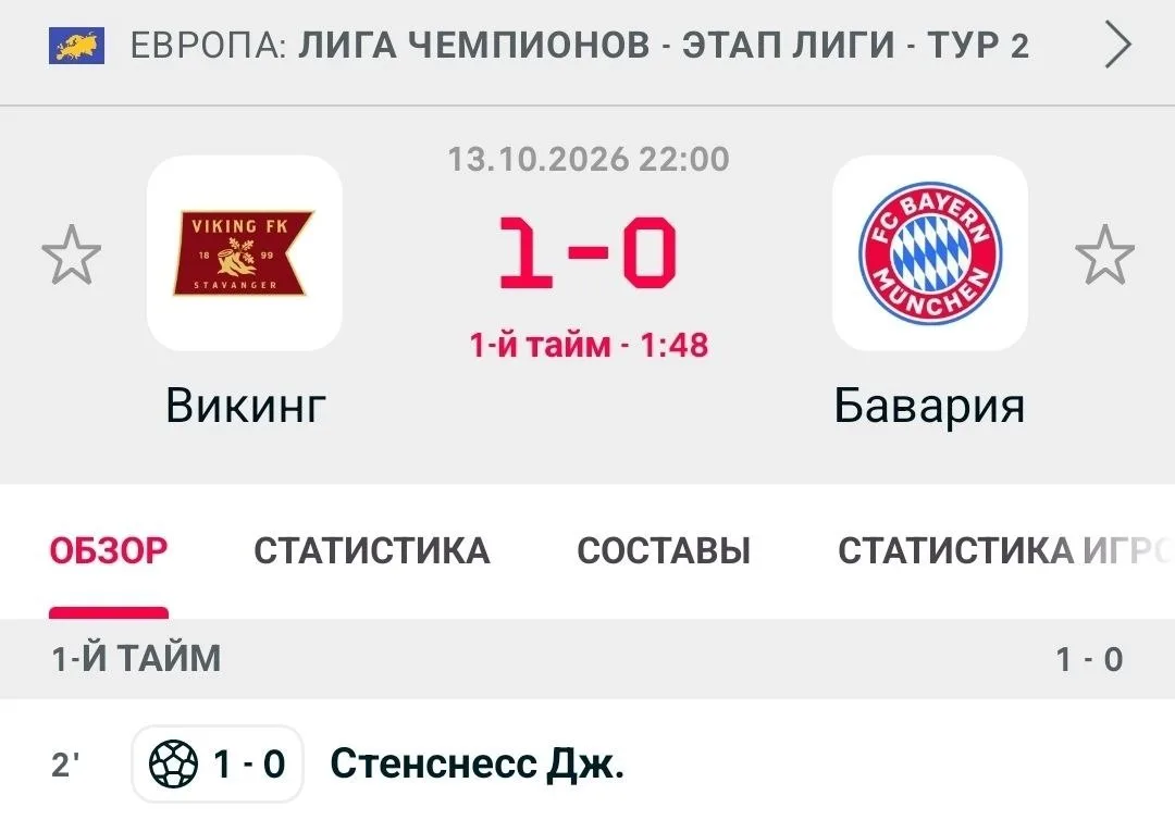 🥅 «Бавария» пропустила от норвежского «Викинга» на второй минуте матча.