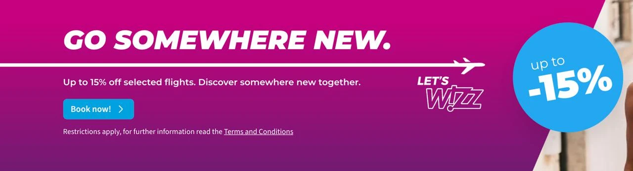 ✈️ Снова скидки от Wizz Air! 15% на авиабилеты по разным направлениям. Даты полетов: 19...